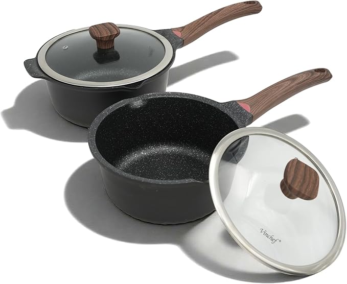 Vinchef 3QT & 4QT Sauce Pot Set with Lids, Nonstick, Black | PFAS-free nonstick resists scratches and stains, dishwasher-safe, induction-ready, stay-cool handles, easy-release cooking.