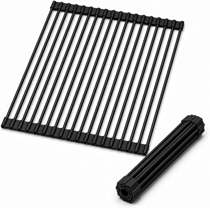 Roll Up Dish Drying Rack for Kitchen Sink, Silicone Wrapped Dish Drainer,Flodable Over Sink Drying Rack,Heat Resistant, Drain Mats, Space Saving, Multipurpose (Matte Black, Large)