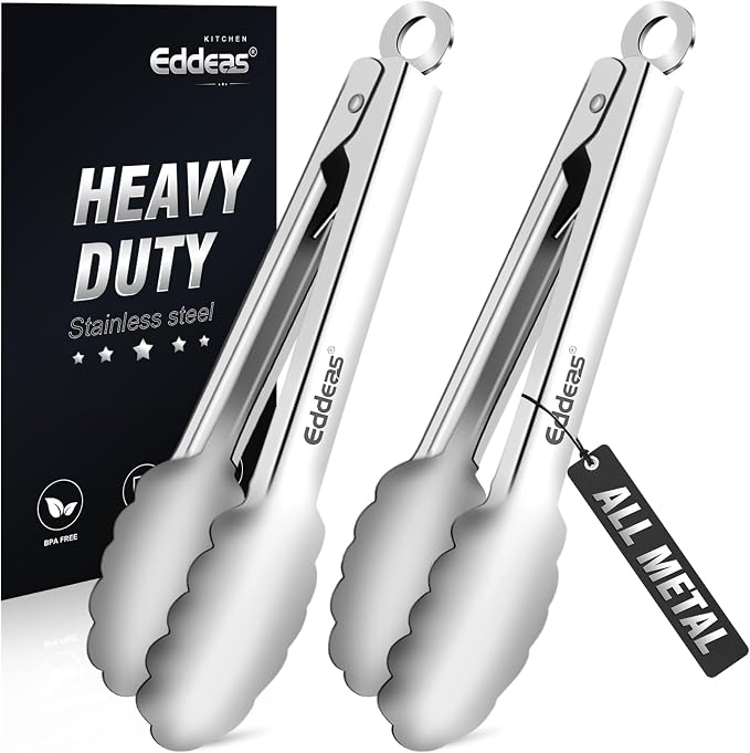 2PCS 7Inch Tongs for Cooking Heavy Duty All Metal Kitchen Tongs | Heat Resistant 600 Degree, All Stainless Steel Food Tongs,Non-Slip handle, Salad, Grilling, bbq, Dishwasher safe
