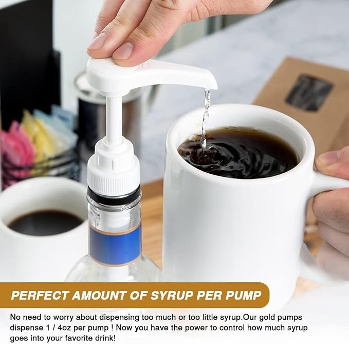 12 Pcs Gold Coffee Syrup Pump Compatible with 25.4Oz/750ml Bottles | Syrup Dispenser Pumps, Great for Home & Coffee Bar, Drinking Mixes, Tea, Beverage, Cocktails, Syrup Bottles, Plus Spoons