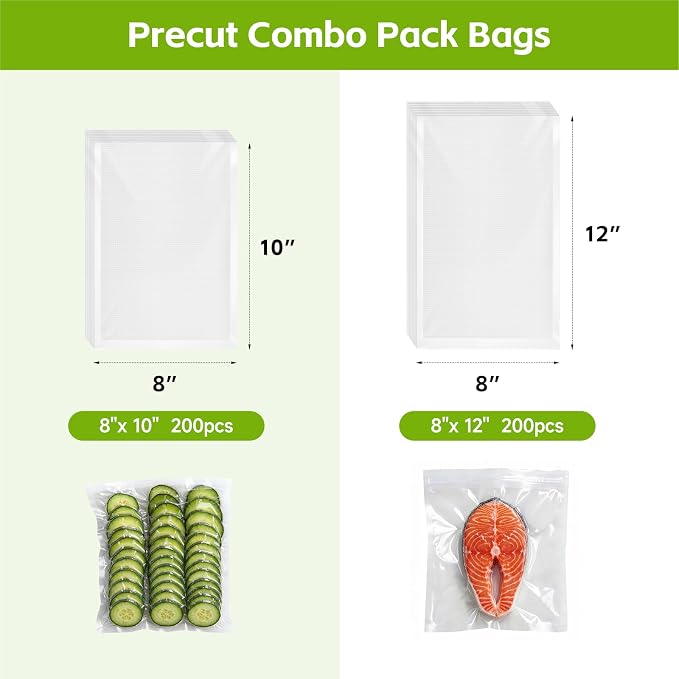 Vacuum Sealer Bags for Food, 200 Count, 8" x 10" Pre Cut Vacuum Seal Bags, BPA Free Embossed Food Saver Vacuum Sealer Bags for Freezer Storage, Meal Prep, Sous Vide, Heavy Duty Commercial Grade