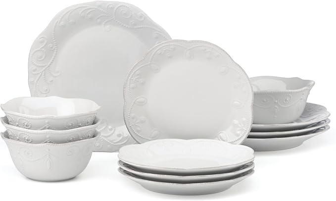 Lenox French Perle White Stoneware Dinnerware Set with All-Purpose Bowls | dishwasher safe, microwave safe | plates and bowls sets for kitchen and dining, dish set, dishes | 20oz