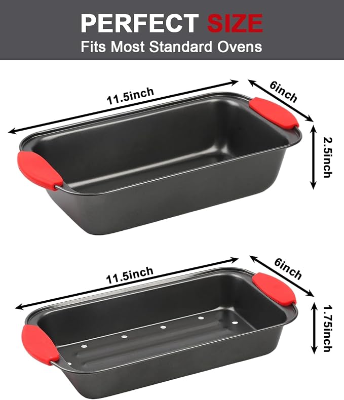 Meatloaf Pan with Drain Tray, 2PCS Nonstick Meat Loaf Pan with Drip Insert | Includes Spatula & Basting Brush, Versatile Baking Pan with Silicone Grip for Meatloaf, Bread, Roast, Cakes, Carbon Steel