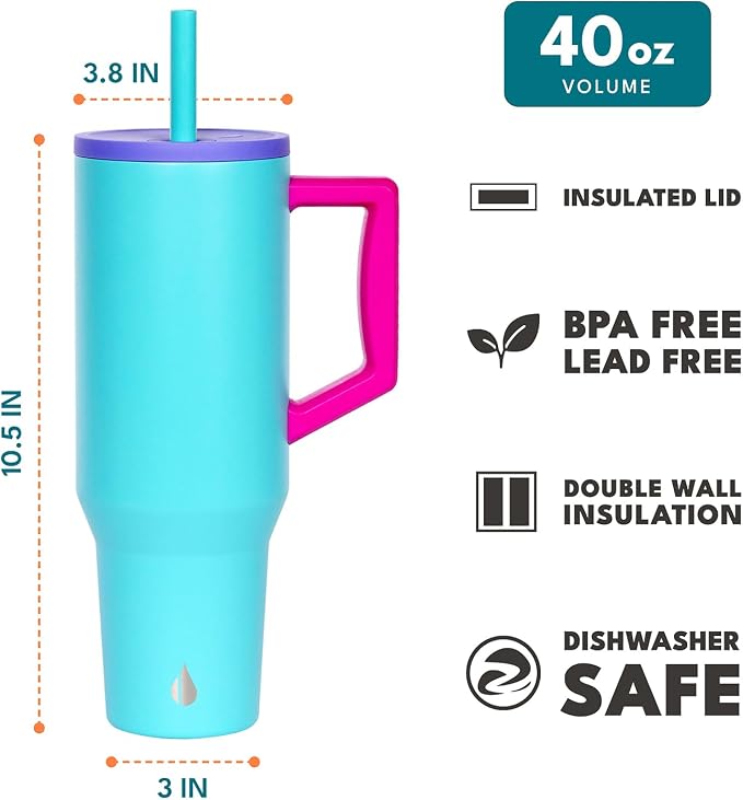 Elemental Spill Proof 40oz Insulated Tumbler with Handle & Straw Travel Mug | Stainless Steel Commuter Travel Coffee Mug for Cold Beverages, Includes 2 Straws & a Spill Proof Lid for Everyday Use