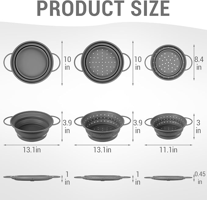 3 Pack Collapsible Colander with Strainer Bowl Set,Grey | 11 & 13 In Silicone Colanders for Kitchen, Heat-Resistant Strainer Dishwasher Safe Baskets for Vegetable Fruits