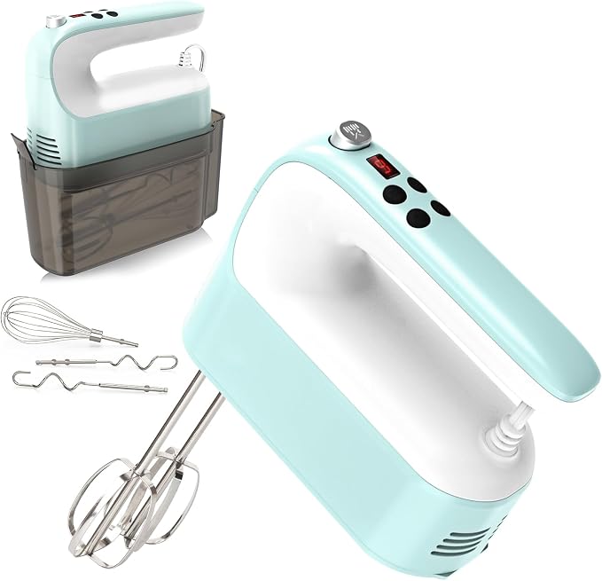 Yomelo 9-Speed Digital Hand Mixer Electric, 400W Powerful DC Motor, Hand Mixer Electric Handheld with Snap-On Storage Case, 5 Stainless Steel Accessories, Beaters, Dough Hooks, Whisk(Ice Blue/White)