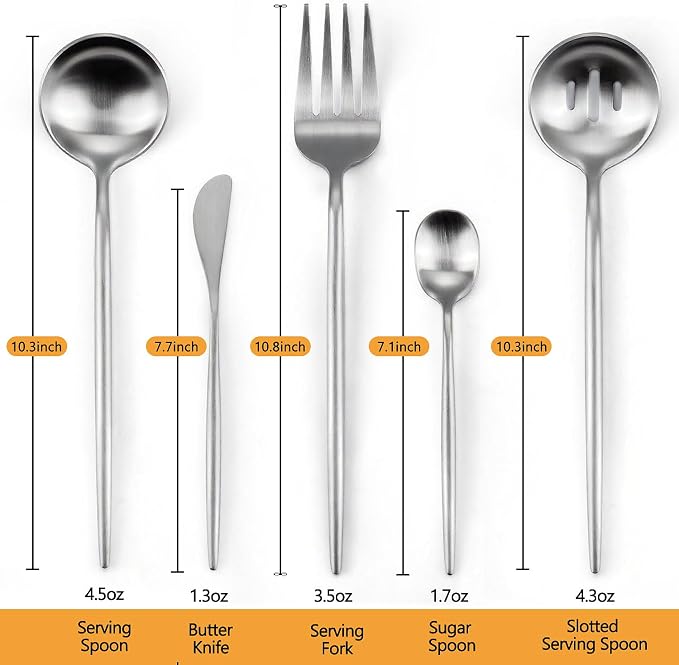 Silver Serving Utensils Set,5pc Stainless Steel Serving Spoons | 10.3’’ serving spoon,utensils set for parties,buffet serving utensils,for party banquet,heavy duty flatware,dishwasher safe