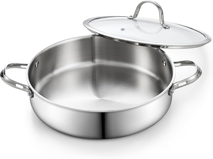 Cooks Standard Multi-Ply Clad 5.5 Quart Stainless Steel Sauté Pan, 12 Inch Deep Frying Pan Skillet with Lid, Induction-Ready Cooking Pan with Two Side Handles, Dishwasher & Oven Safe