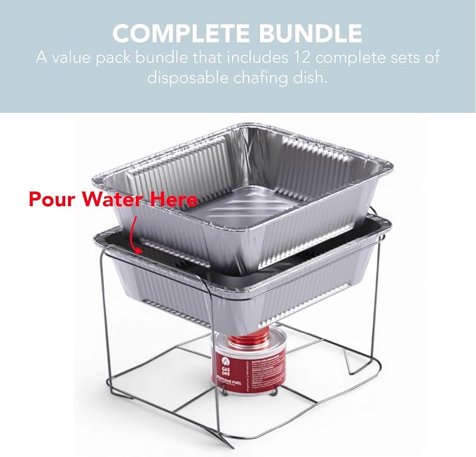 Alpha Living 12-Pack Disposable Chafing Dish Buffet Set with Fuel Cans | Welded construction, half-size pans, and warming trays for parties