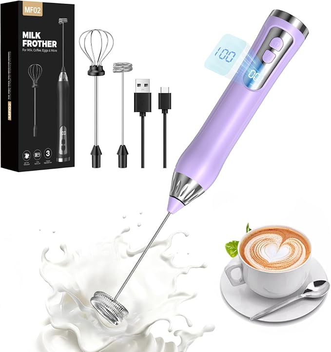 Rechargeable Milk Frother Handheld, IP67 Waterproof Coffee Frother with Digital Battery Display, 3-Speed Electric Milk Frother for Coffee, Latte, Cappuccino, Matcha, Protein Shakes & Eggs (Purple)