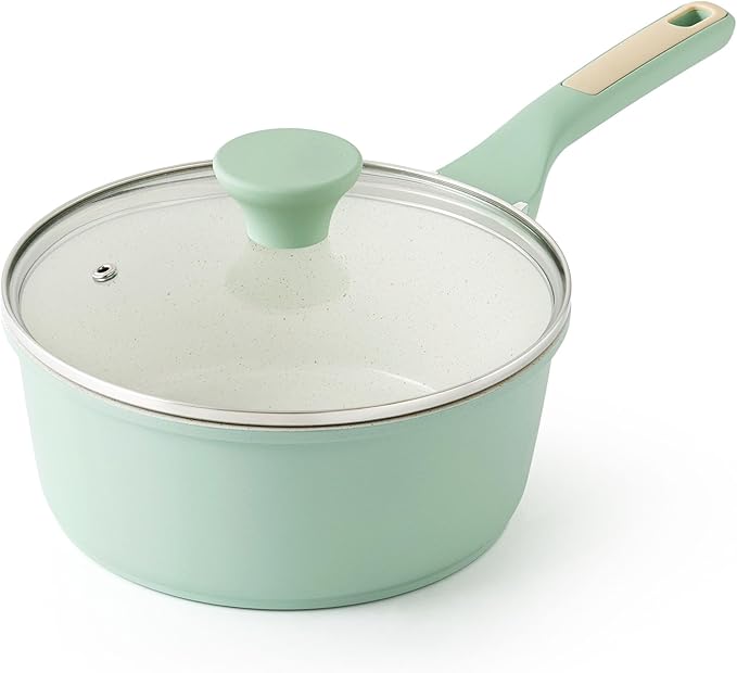SENSARTE Ceramic Nonstick Saucepan with Lid 1.5 QT, PTFE/PFAS Free, Green | Small Kitchen Cooking Pot with Stay Cool Handle, Induction Compatible, Ceramic Coating