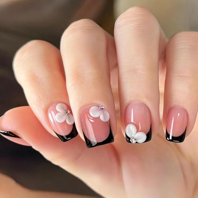 White Flower Press on Nails Handmade Black French Tip Fake Nails with Designs 3D Floral & Rhinestone Accents Short Square Handmade Salon Quality Thick Acrylic Nail Stick on Nails for Women (S）
