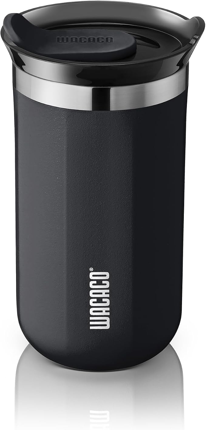 WACACO Octaroma Lungo Vacuum Insulated Coffee Mug, Double-wall Stainless Steel Travel Tumbler With Drinking Lid, 10 fl oz(300ml), Ceramic Black