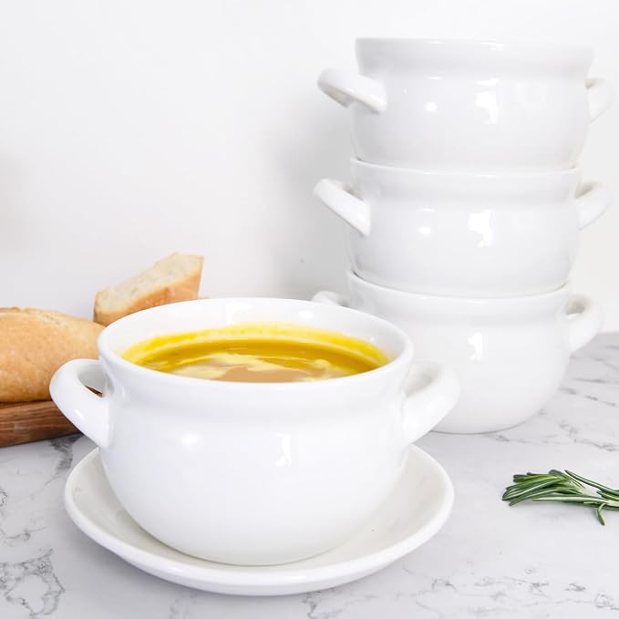 Vumdua Soup Bowls with Handles, 16 Oz Ceramic French Onion Soup Bowls - Stackable Oven Safe Bowls Serving Crocks for Soup, Cereal, Chilli, Pot Pies, Set of 4, White