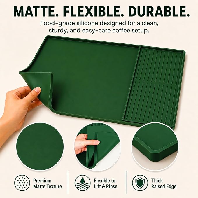 Silicone Coffee Mat 24 x 16 in with Tray, Deep Forest Green | Coffee bar mat for countertop use, coffee station mat or coffee machine mat with removable tray and 0.47 in raised rim.