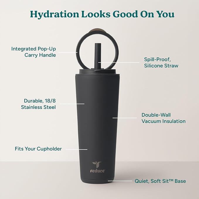 REDUCE Halo 24 oz Stainless Steel Vacuum Insulated Tumbler - Spill Proof Travel Mug with Flip Handle Lid - Keeps Drinks Cold for 32 Hrs - Dishwasher Safe - Cupholder Friendly - Phantom