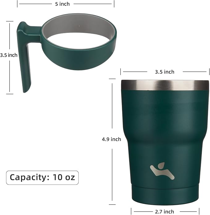 Konokyo 10 oz Tumbler with Handle and Straw, Insulated Travel Mug | Army Green; BPA-free, leak-proof tumbler with 2 lids, 2 straws, cup holder fit for coffee, office, travel & daily use