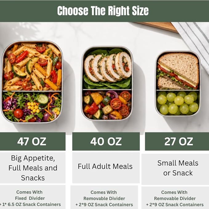 Flexibento - 40 OZ Set -Leak proof Stainless Steel Lunch Box Containers, Lunch Containers with Silicone Lids,Steel Bento Box,Metal lunch Box, Vanilla set of 3, 1 * 40OZ + 2 * 9 OZ