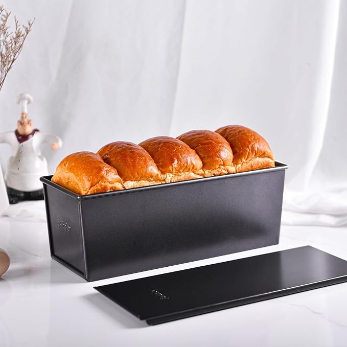 Commercial Pullman Loaf Pan with Lid, 2.2Lb Aluminum Dough Capacity Non-stick Rectangle Flat Toast Box for Oven Baking 13.6"×5.4"×4.7"(Black)