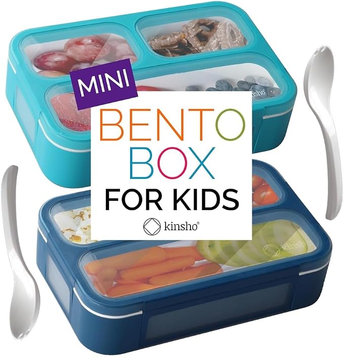 kinsho Small Snack Box Containers for Kids Toddlers, Set of 2 (Navy+Blue) | 3 Compartments, Leak-Proof, Spill Proof, BPA-Free Reusable Small Mini Bento Lunch Box for Daycare School Travel, Holds 2 Cups