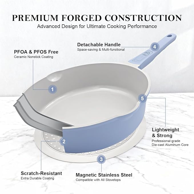 AIKENBBKK Ceramic Frying Pan Skillet with Lid, 12 inch Nonstick Deep Frying Pan for Cooking, 5 QT Large Saute Pan with Detachable Handle, Induction Ready, PTFE & PFAS-Free, Oven Safe, Blue