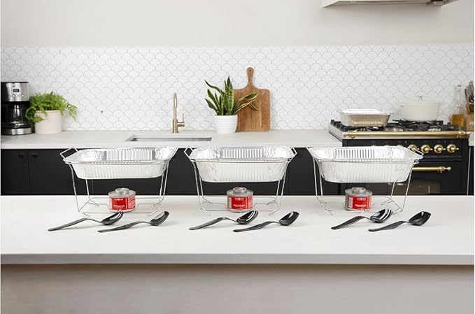 Alpha Living 3-Pack Disposable Chafing Dish Buffet Set with Fuel Cans | Food Warmers for Parties, Fuel Cans Complete Set, Half Size Pans, Warming Trays