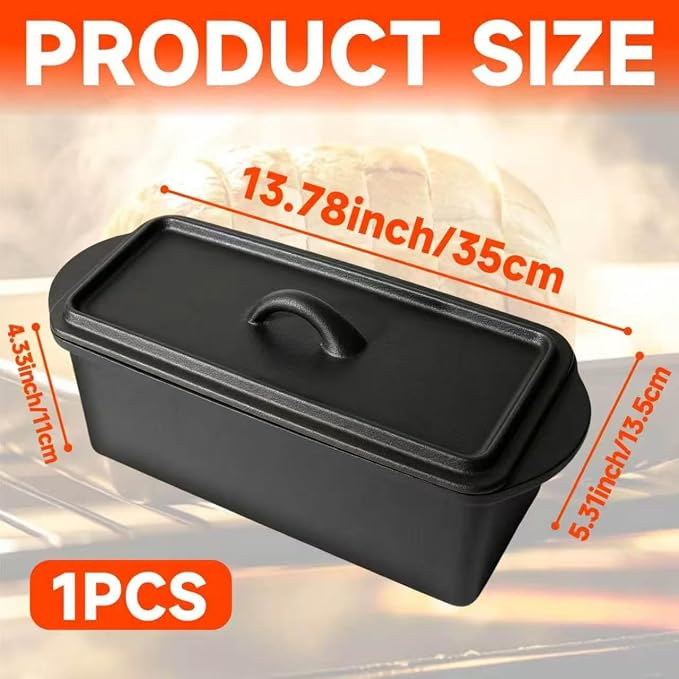 Black Cast Iron Loaf Pan with Lid, 13.8 Inch Bread Baker for Sourdough | For sandwich bread, banana bread, pound cake, meatloaf, casseroles and home oven baking.