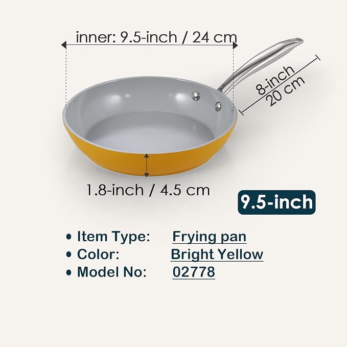 Cook N Home Classic 9.5 Inch Ceramic Nonstick Frying Pan, Cookware Skillet Egg & Omelet Pan, Induction, Yellow