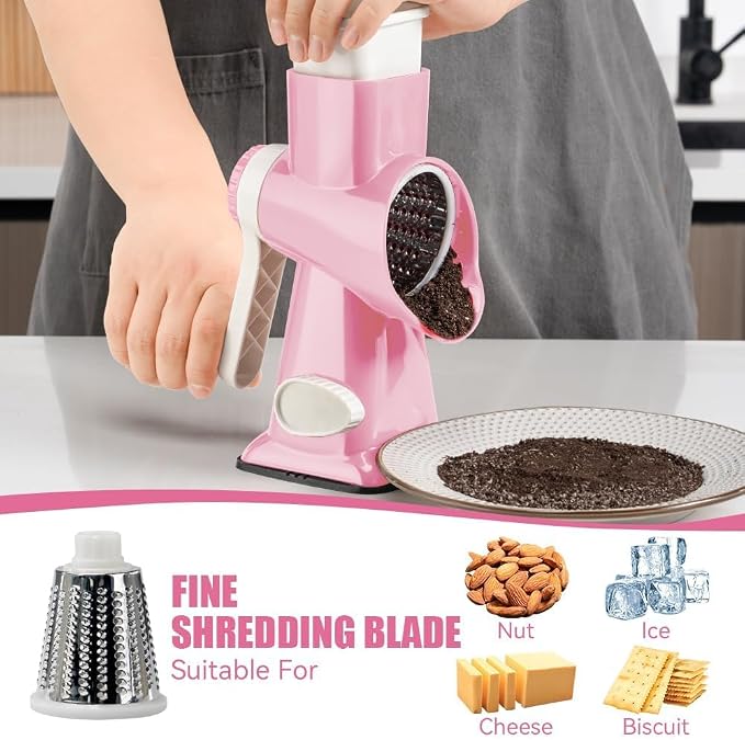 Rotary Cheese Grater Hand Crank Pink - Shredder Slicer Grinder 3 Stainless Steel Blades, Stable Suction, Labor-Saving Handle, Safe Kitchen Tool for Cheese, Vegetable, Nuts, Chocolate
