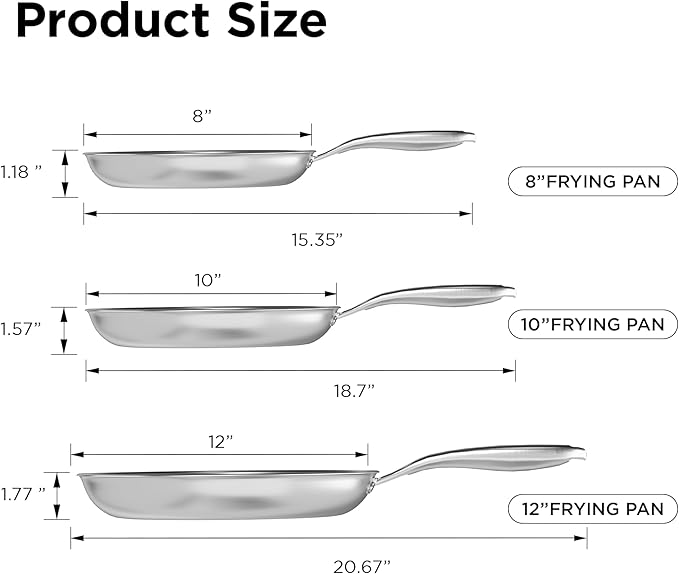 COOKER KING 3pc Hybrid Nonstick Frying Pans Set, 8, 10 & 12" Pans | Stainless Steel Pans,Chef's Pan,Skillets Dishwasher & Oven Safe, Stay-Cool Handles,Induction Compatible – Metal Utensil Safe