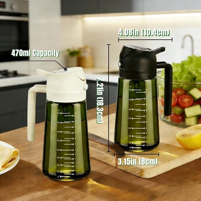 2 in 1 Olive Oil Sprayer and Dispenser, 16oz Glass Oil Spray Bottle with Measurement Marks, grilling spray bottle, Light Blockage Dark Oil Sprayer 2 Pack for Air Fryer, Salad, Cooking, BBQ