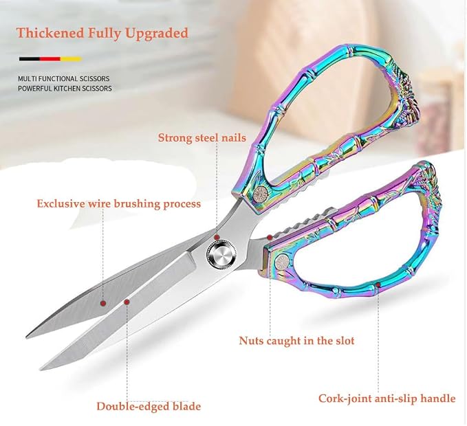 Multi-Purpose Kitchen Shears Scissors, Heavy Duty Stainless Steel Kitchen Scissors for Food with Strong Straight Edge Snips Colorful Handle (Bamboo joint)