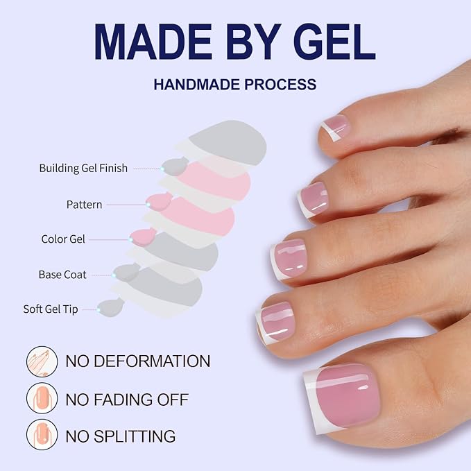 Misssix Press on Toenails Short, French Tip Toe Nails Square, Berry Pink | 150pcs Soft Gel False Toenail, Acrylic Soak off Fake Toe Nails for Women Nail Art DIY 15 Sizes