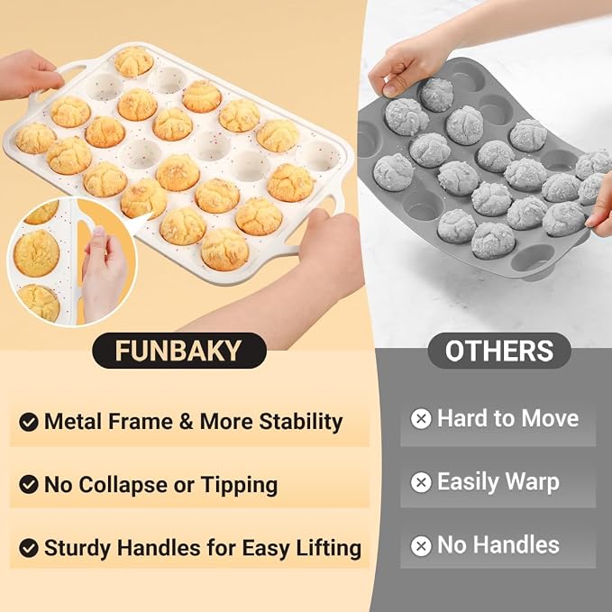 FUNBAKY Silicone Mini Muffin Pan, Metal Reinforced Frame 24 Cups Nonstick Mini Cupcake Pans with Handles Easy to Move for Baking Muffin, Cupcake, Egg Bites Oven Safe, Silicone Molds 2 Pack Confetti