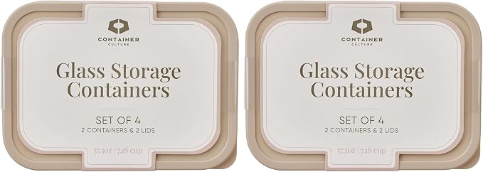 Glass Food Storage Containers with Lids — 8 Piece — 57.5 oz Glass with BPA-Free Leakproof Stackable Lids — Microwave, Oven & Dishwasher Safe — Ideal for Meal Prep & More - Cashew Cream