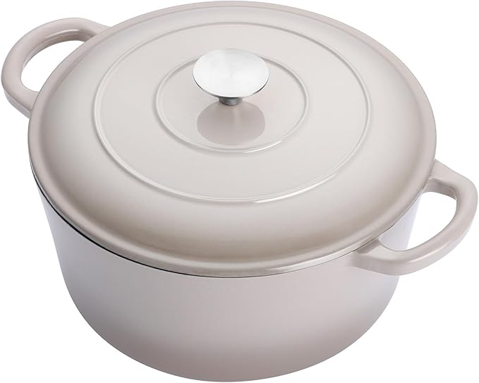 E-far 6 Quart Enameled Cast Iron Dutch Oven, Round Dutch Oven Pot with Lid, Nonstick Cookware for Braising/Stews/Roasting/Bread Baking/Cooking, Heavy Duty, Induction & Oven Safe - Khaki