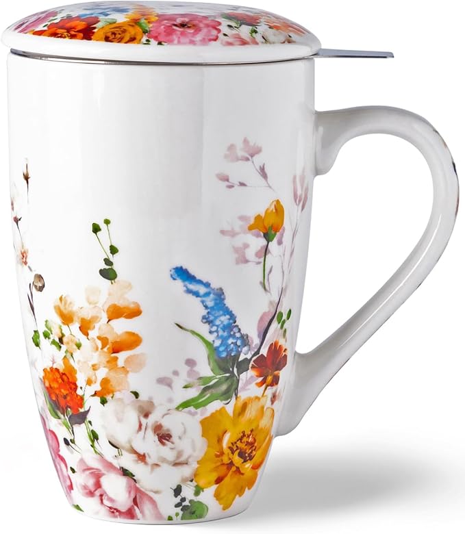 GBhome Tea Mug with Infuser and Lid, 18 Ounce Large Ceramic Loose Leaf Tea Cup, Microwave, Dishwasher Safe Tea Steeping Mug, Pefect Gift For Tea Lover. | Lead-Free Glaze For Tea Lovers,Microwave & Dishwasher Safe with Tea Strainer