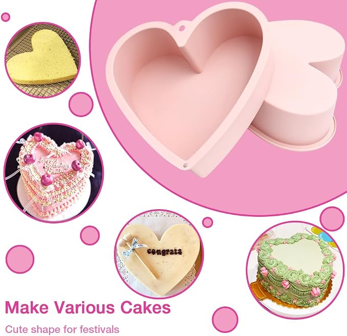 Alimat PluS 8 Inch Heart Shaped Cake Pans Set of 2 with Hanging Hole(Pink) | Silicone Material