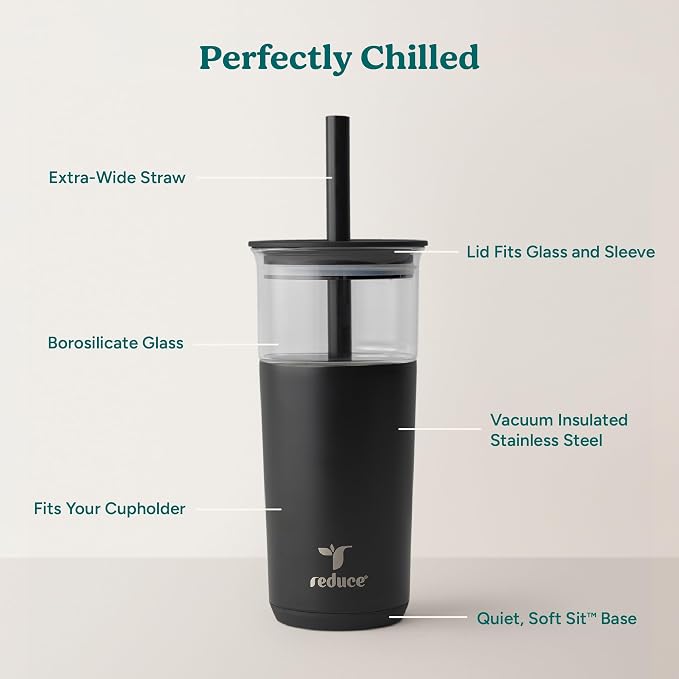 REDUCE Aspen - 20oz Vacuum Insulated Glass Tumbler - Extra Wide Straw & Lid | Keeps drinks cold for 12 hours, ideal for iced coffee, smoothies & boba, dishwasher safe, soft base