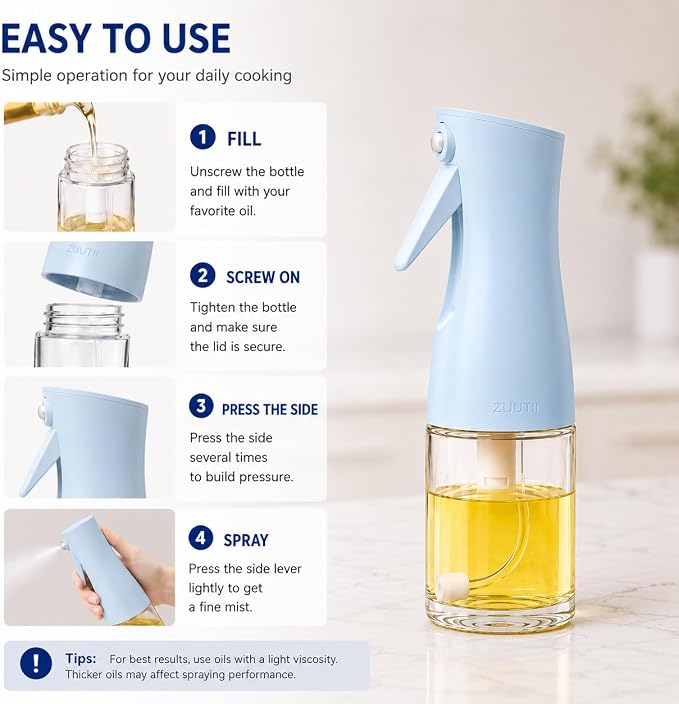 Zuutii Oil Sprayer for Cooking, 170ml Olive Oil Sprayer Mister, Olive Oil Spray Bottle for Salad, BBQ,Spray with Portion Control, Kitchen Baking, Roasting,Hairstyling (Light Blue)
