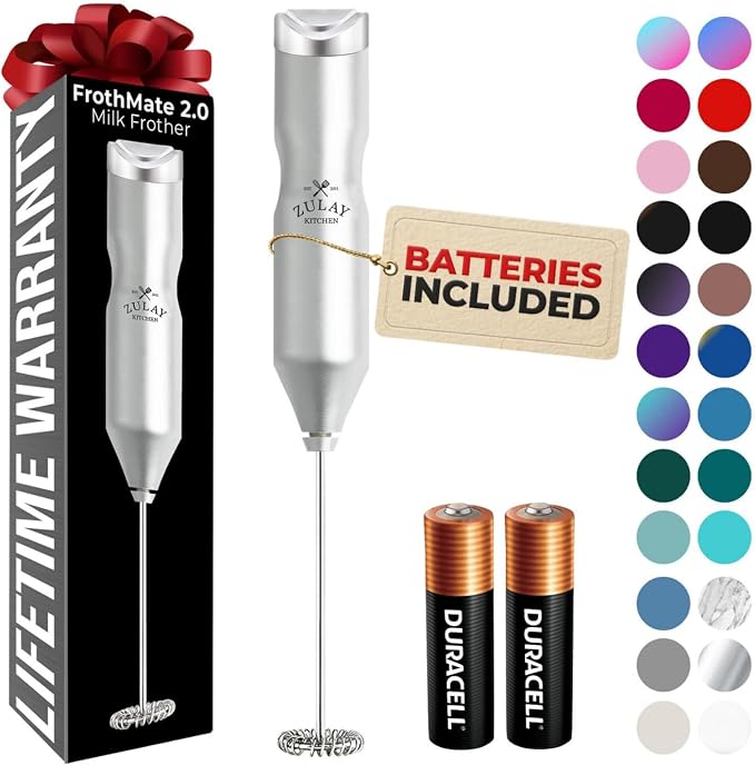 Zulay Kitchen Powerful Frother Wand AA Batteries Included, Ultra Fast Handheld Drink Mixer, Comfort Milk Frother, Stainless Steel Whisker, Frother Handheld for Coffee, Protein & Matcha - Frothmate 2.0