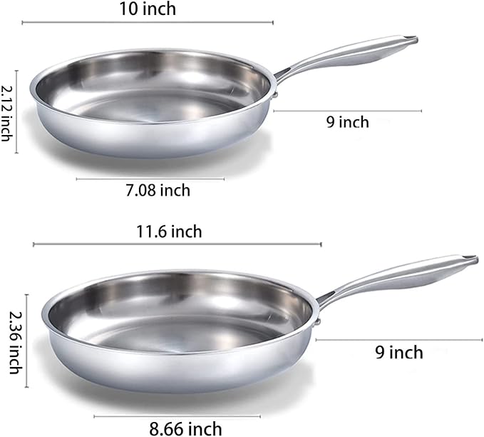 DELARLO Tri-Ply Stainless Steel Pan,18/10, 9" 11" | Nontoxic Durable Oven Safe 800℉ All Cooktops Compatible Fast Even Heat PFOA Free Large Frying Pan Nontoxic Cookware