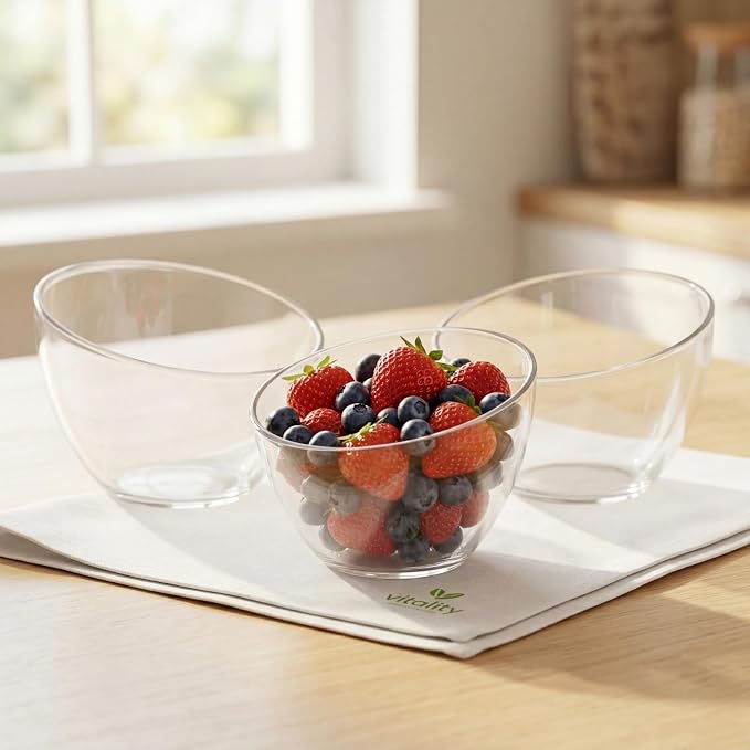 Lyellfe 3 Pack Plastic Salad Bowls, Thick Acrylic | Angled Serving Bowl, Clear Candy Snack Bowls for Parties, Chips, Fruit, Prep, Assorted Sizes