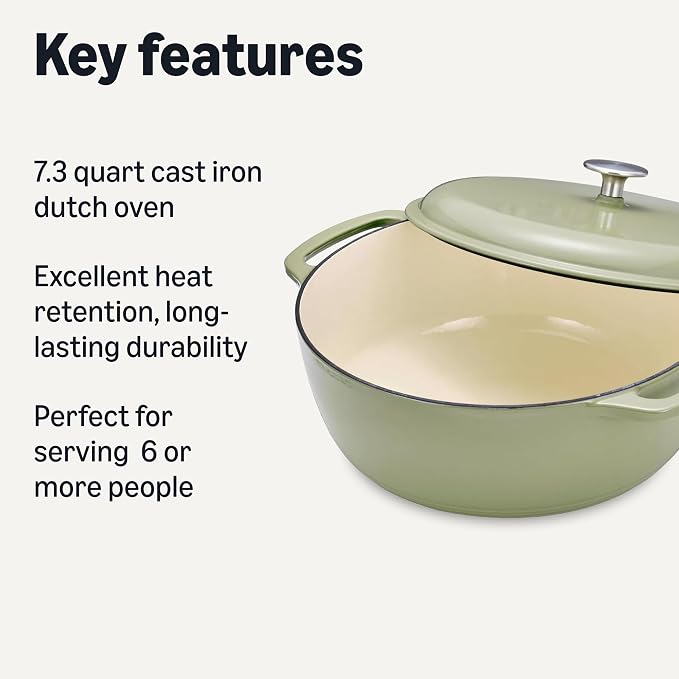 Amazon Basics Cast Iron Dutch Oven Pot with Lid, Enameled, Round, Dual Handles, Heavy-Duty, Large, 7.3-quart, Olive