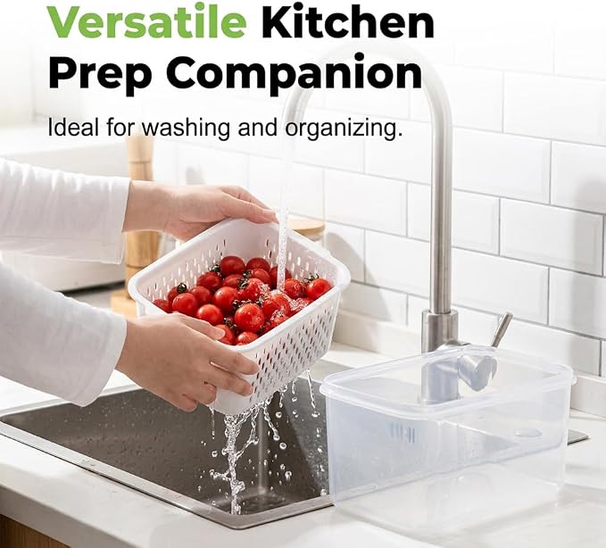 Food Storage Containers for Fridge with Removable Colander, Fruit Storage Containers with Lids, Leakproof Produce Containers Fridge Organizers and Storage for Berry Fruits Vegetables (Blue, S+M+L)