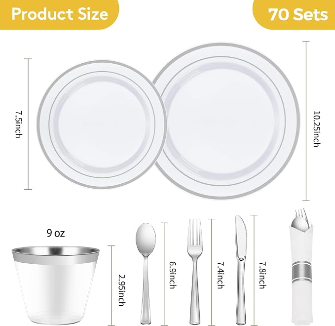 490 Piece Silver Plastic Dinnerware Set for 70 Guests | Disposable Dinnerware Includes: 70 Dinner Plates, 70 Dessert Plates, 70 Pre Rolled Napkins with Silverware, 70 Cups