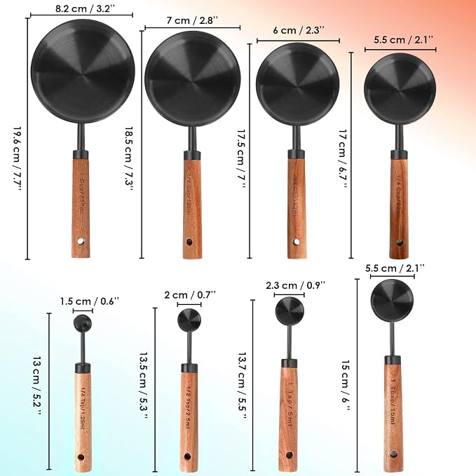 8-Piece Stainless Steel Measuring Cups and Spoons, Acacia Handles, Black