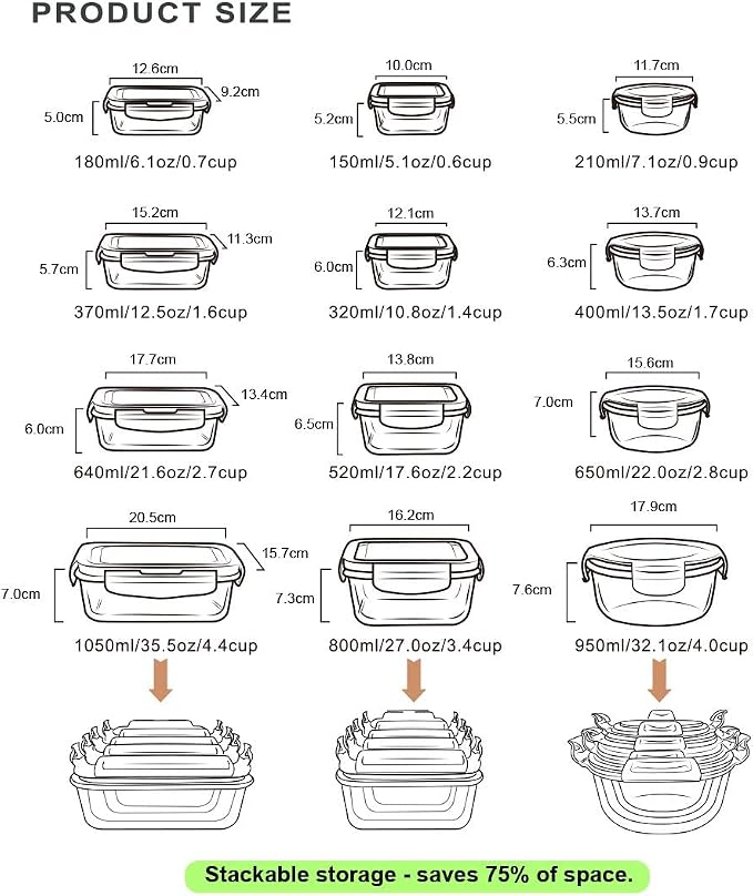 Airtight Meal Prep Containers for Food Storage [24 Piece] Leak Proof, Glass Bento Boxes for Lunch (12 lids & 12 Containers)