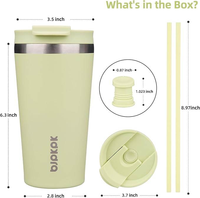 BJPKPK 18 oz Coffee Tumbler with Straw, Insulated Stainless Steel Cup | Double Wall Vacuum, Leak Proof, Keeps Hot/Cold, BPA Free, Dishwasher Safe, Cupholder Friendly, Travel, Macaron Green