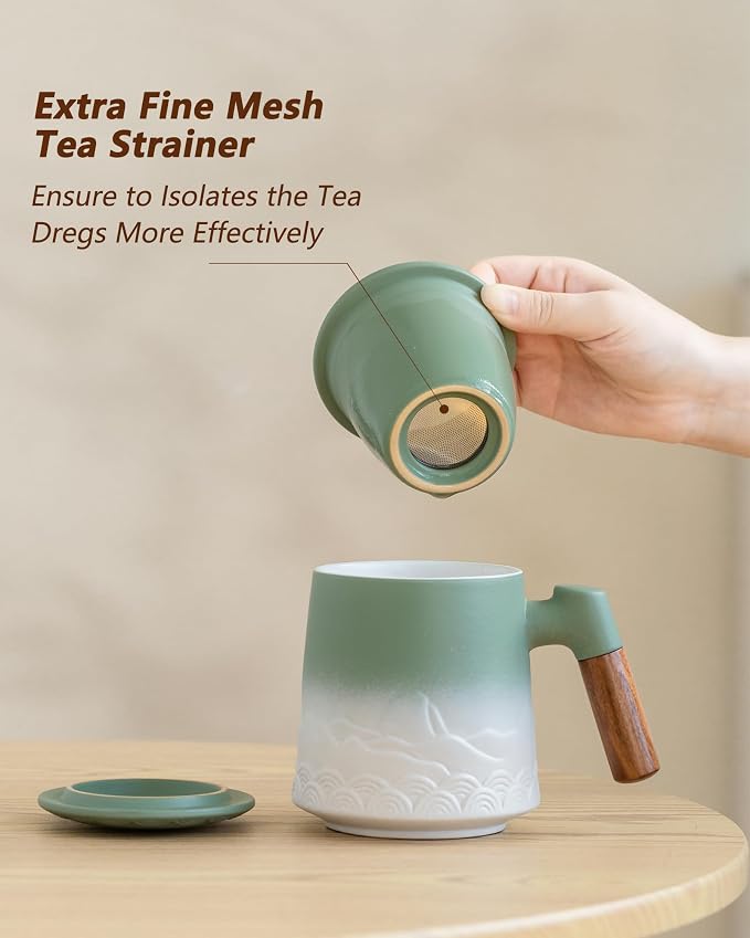 ZENS Tea Mug with Infuser and Lid for Loose Leaf Tea Diffusers, 16.9oz | Embossed Ceramic Tea Cup with Infuser, Tea Steeper for Loose Tea Lovers Gifts, Wood Handle, Moss White